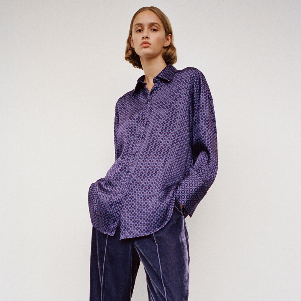 NEW Zara Purple Geometric Print Long Sleeve Shirt Satin Button Down Patterned